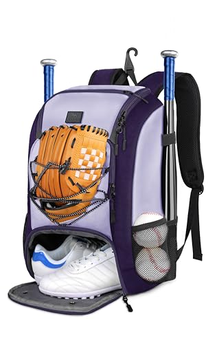 MATEIN Baseball Backpack, Softball Bat Bag with Shoes Compartment for Youth, Boys and Adult, Lightweight Baseball Bag with Fence Hook Hold TBall Bat, Batting Mitten, Helmet, Caps, Teeball Gear - color: Purple, size: 29L