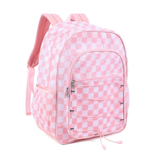 COVAX Mesh Backpack for School Heavy Duty Semi-Transparent Bookbags for Beach, Swimming, Sports, Work, Travel (Pink and White Checkerboard) - color: Pink and White Checkerboard