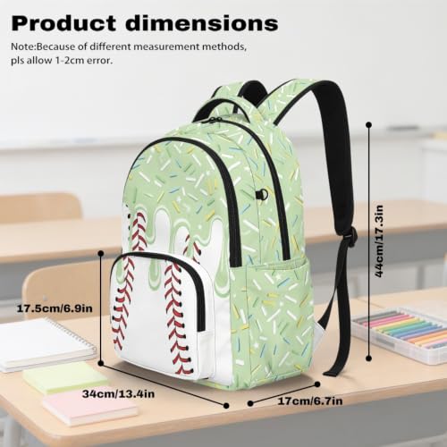 Suobstales Green Baseball Ice Cream Drip Print Kids School Backpack Heavy Duty Schoolbag Travel Casual Daypack Teens Boys Girls Back to School Gifts 17 Inch Bookbag Middle School Students Rucksack - color: Green Baseball Ice Cream Drip