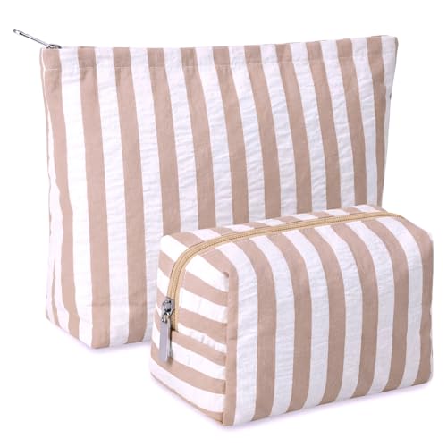Huhumy 2 Pcs Makeup Bag Set Cute Cosmetic Pouch for Women Seersucker Travel Toiletry Bag Preppy Small Makeup Purse Pouch Aesthetic Skincare Brushes Storage Organizer for Valentine Women(Khaki Wide) - color: Khaki, style: Wide Striped Seersucker