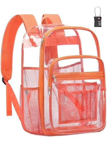 Extra Large Clear Backpack with TSA Lock, Heavy Duty Transparent See Through Clear Bookbag for College, Work, Travel, Casual Sport, Orange - color: Orange