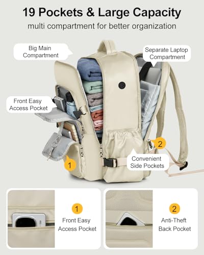 Travel Backpack for Women & Men, Carry On Personal Item Bag Flight Approved, Large Waterproof Laptop Backpack for Travel, Overnight, College & Commuting Beige - color: Beige