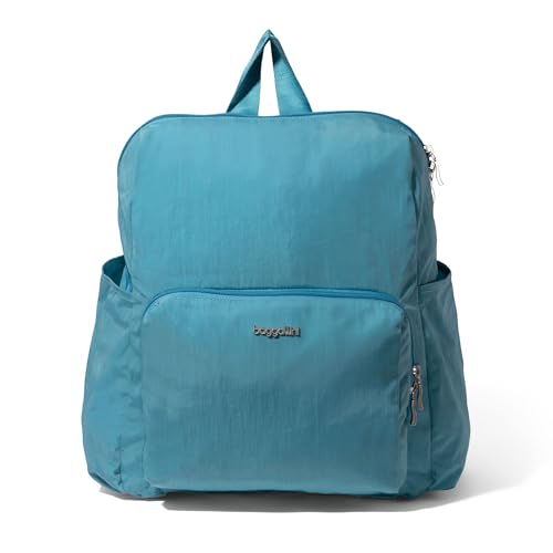 Carryall Packable Lightweight Travel Backpack 14x11" Folding Compact Nylon Washable Weekender Daypack w/Luggage Sleeve - color: Seaside Blue