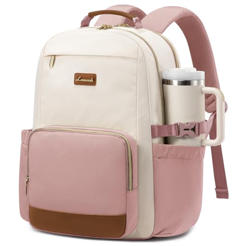 LOVEVOOK Laptop Backpack for Women with Pouch Pocket for Large Capacity Cup,18 Inch Teacher Nurse College Work Backpack Purse,Waterproof Laptop Bag Computer Back Pack for Travel, Beige-Pink-Brown - color: Beige - Pink - Dark Brown, size: 18 Inch