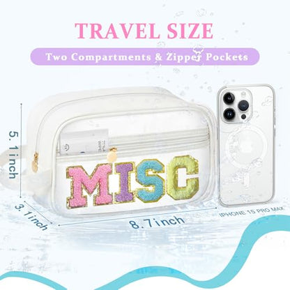 COSHAYSOO Clear MISC Makeup Bag Miscellaneous Stuff Organizer, Small Preppy Chenille Letter Patch Cosmetic Zipper Pouch, Toiletry Make Up Travel Purse Gifts for Teen Girls Women Daughter Sister - color: White-MISC