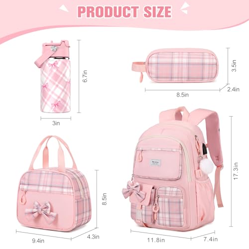 Bevalsa Backpack for Girls, Bow Plaid Bookpack with 14oz Insulated Water Bottle, Lunch Bag & Pen Case, Schoolbag for Kids & BPA-FREE Stainless Steel Metal Cup for Elementary Middle Student (Pink) - color: Pink Plaid