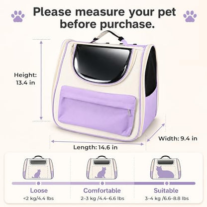 Cat Backpack Carrier, Foldable Pet Carrier Backpack for Cats and Small Dogs, Built-in Safety Clip, Dual-Sided Ventilation Mesh, for Travel, Walking, Hiking & Vet Visits, Purple