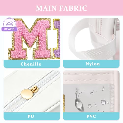COSHAYSOO Clear MISC Makeup Bag Miscellaneous Stuff Organizer, Small Preppy Chenille Letter Patch Cosmetic Zipper Pouch, Toiletry Make Up Travel Purse Gifts for Teen Girls Women Daughter Sister - color: White-MISC