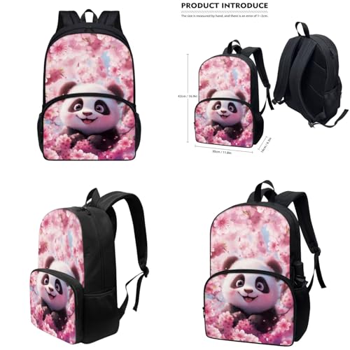 Cherry Blossom Panda Backpack for Girls Kids Backpack with Lunch Box Water Bottle Holder and Big Pencil Case 4Pcs Set 17" Bookbag with Front Pocket for School Lightweight Elementary School Bag - color: Cherry Blossom Panda