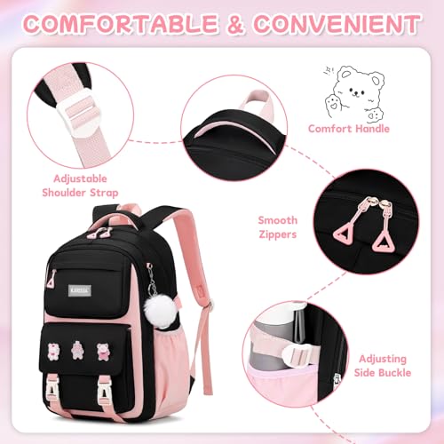 PIG PIG GIRL Girls Backpack, Kids Backpack for Girls with Anti-theft Back Pocket, Lightweight School Backpacks, Watrer Resistant, Bookbag for Elementary Primary School, Black Pink,3pcs - color: Black Pink 3pcs