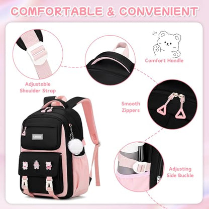 PIG PIG GIRL Girls Backpack, Kids Backpack for Girls with Anti-theft Back Pocket, Lightweight School Backpacks, Watrer Resistant, Bookbag for Elementary Primary School, Black Pink,3pcs - color: Black Pink 3pcs