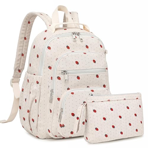 Sisipoet Mini Backpack for Women, Corduroy Small Backpack for Ladies Bookbag Purse for Women with Handy Wallet and Luggage Strap,Beige Strawberry - color: Beige Strawberry