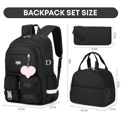 3PCS Student Backpack For School Women College Middle High Teen Girls Bookbag Waterproof Laptop Bag Black - color: Black