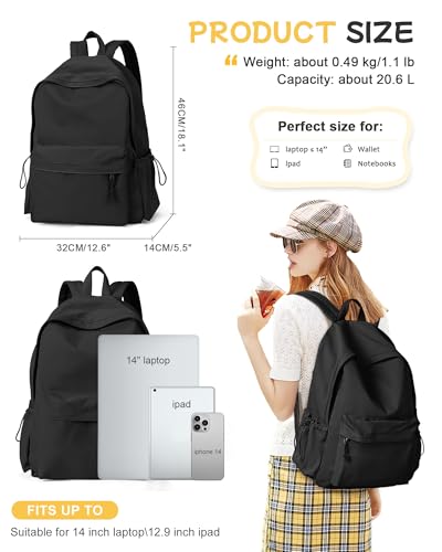 SEAFEW Black Backpack for School Women Girls, Waterproof Bookbag Cute High School Backpack for Men Teen Boys, Lightweight Travel College Back Pack Mochilas Escolares para Casual Daypack Rucksack - color: Black