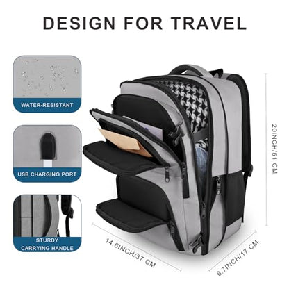 Large Travel Backpack, Laptop Backpack for women, Expandable 52L Carry On Backpack, Airline Approved Water Resistant Weekender 18.4 Inch Laptop Backpack, Business Computer Bag with USB Port, Grey - color: Grey