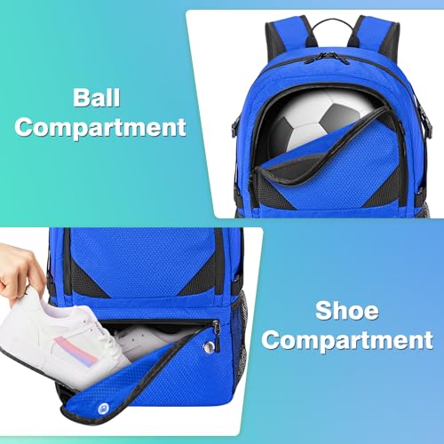 Soccer Backpack with Seperate Compartment, Water Resistant Sport Bags fit for Basketball, Volleyball, Football - color: Blue
