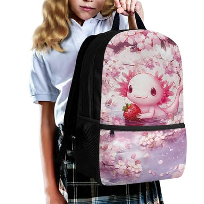 Cute Axolotl Backpack for Girls Kids School Bookbag Satchel with Insulated Lunch Box and Pencil Case Set 3 PCS Teen Middle School Backpacks - color: Axolotl Strawberry