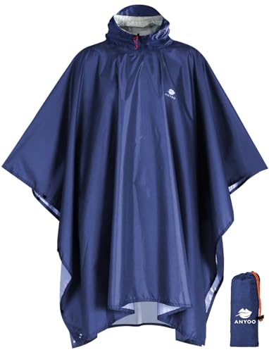 ANYOO Hooded Rain Poncho for Adults Waterproof Lightweight Rain Coat for Men Women Reusable Rain Jacket for Emergency Outdoor - color: Navy