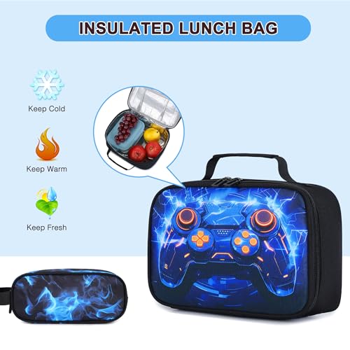 3PCS School Backpack for Boys, Cool Gamer Boys Backpack with Lunch Box and Pencil Case for Kids Kindergarten Teens Elementary Middle School Bag with Convenient Charging Port,Gaming Bookbag Waterproof - color: Blue Lightning