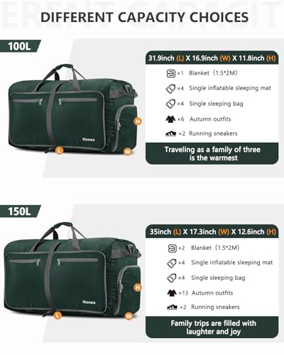 Gonex Large Foldable Travel Duffle Bag with Shoes Compartment, Packable Lightweight Water Repellent Duffel Bag for Camping Gym Weekender Bag - color: Dark Green, size: 80L