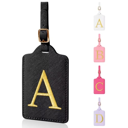 Personalized Initial Luggage Tags for Suitcases,Leather Letter Cute Luggage Tags with Privacy Name Card,Embroidered Monogrammed Travel Bag Backpack Tag Gifts for Women Kids Girls Teens(Black-A) - color: Black, size: A