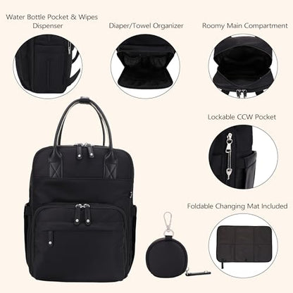 JESSIE & JAMES BeBe CCW Diaper Bag Nylon Backpack Multi Function Backpack with Changing Pad & Stroller Straps_Black/Black - color: Black/Black