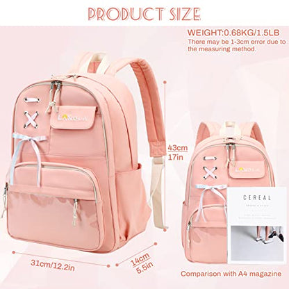 Lanola Teen Girl School Backpack Casual Daypack Bookbag Elementary College Travel Backpack with Cute Ribbon for Girls - color: Pink