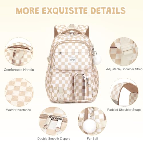 ACESAK Backpack for Girls - Girls Backpack with Lunch Bag & Pencil Pouch for Teen Kids Laptop Backpack for Women, Elementary Middle High School Bookbag Travel Daypack (Brown Checkered) - color: Brown Checkered