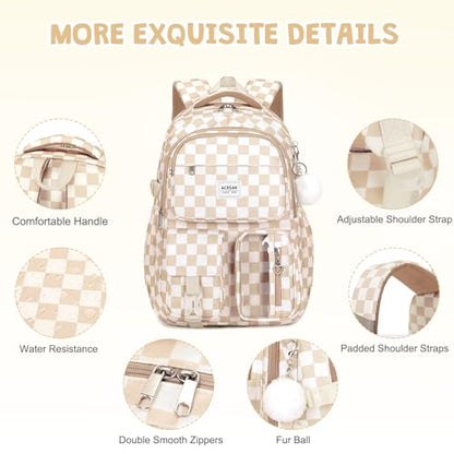 ACESAK Backpack for Girls - Girls Backpack with Lunch Bag & Pencil Pouch for Teen Kids Laptop Backpack for Women, Elementary Middle High School Bookbag Travel Daypack (Brown Checkered) - color: Brown Checkered