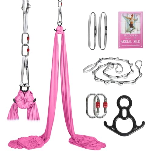 Aerial Silks Kit & Aerial Yoga Hammock - 11Yd Premium Fabric with Hardware - Easy Setup for Flying Yoga, Aerial Swing & Fitness - Supports Up to 14ft Rigging - color: Light Pink
