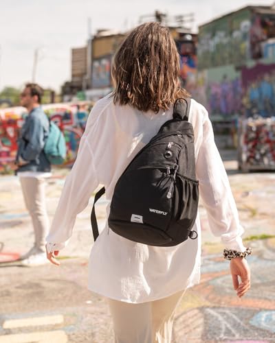 WATERFLY Sling Bag Sling Backpack Small Crossbody Shoulder Bag for Men Women Traveling Cycling Hiking Daypack - color: Black