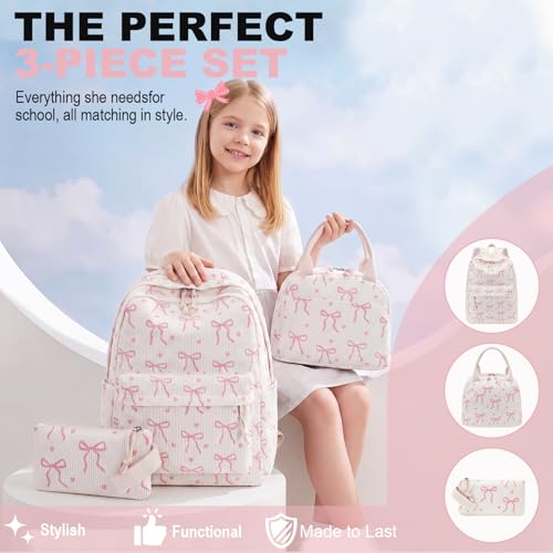 LEDAOU Kids Backpack for Girls Backpacks with Lunch Box, Lightweight Bookbag Set Elementary Middle School Back pack for 8-14 - color: A-bow Tie Beige