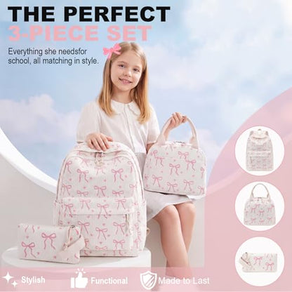 LEDAOU Kids Backpack for Girls Backpacks with Lunch Box, Lightweight Bookbag Set Elementary Middle School Back pack for 8-14 - color: A-bow Tie Beige