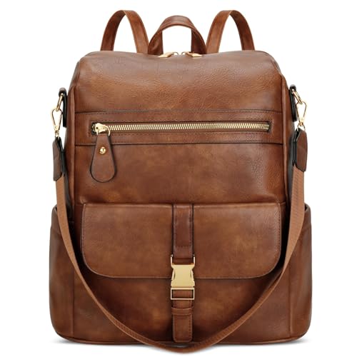 KKXIU Backpack Purse for Women - Multi-pocket Leather backpack for Travel, Work & School with Anti-Theft Lock Pocket, Luggage Strap & Water Bottle Pockets - 13x14x5.2 Inch (B-Brown) - color: B-brown