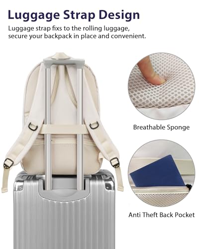 MATEIN Laptop Backpack Women Large Capacity, TSA Travel Backpack with Luggage Strap & Anti Theft Pocket, Water Resistant Teacher College Bookbag Fits 17 Inch Computer, Stylish Beige Work Daypack - color: Beige, size: 17 Inch