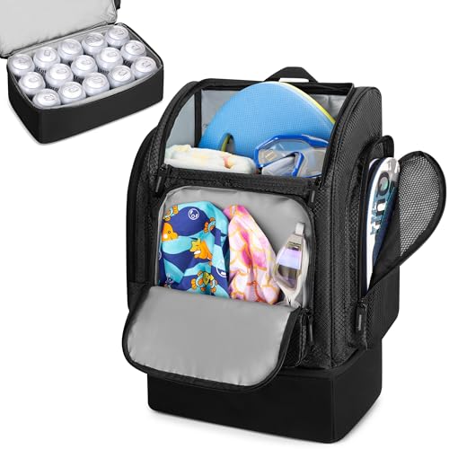 Fasrom Mesh Beach Backpack with Insulated Cooler Compartment, Wet Dry Separation Beach Bag, Large Capacity Tote for Swim - color: Black