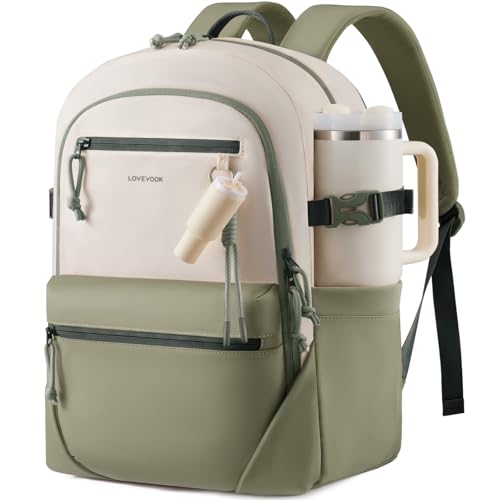 LOVEVOOK Laptop Backpack with Cute Pendant,15.6 Inch Travel Work Backpack Computer Laptop Bag with Large Cup Holder,Waterproof Nurse Teacher College Backpack Purse,Gifts for Women Men,Bean green-Beige - color: Bean Green - Beige, size: 15.6 Inch