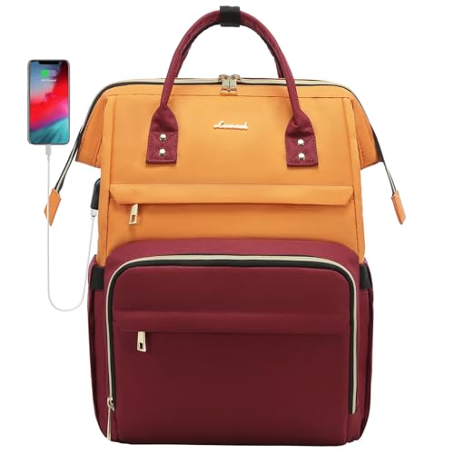 LOVEVOOK Laptop Backpack for Women, Fashion Travel Computer Business Bags, Doctor Nurse Backpack Purse For Work with USB Port, Fits 17-Inch Laptop, Orange-Wine Red - color: Orange-wine Red, size: 17 Inch