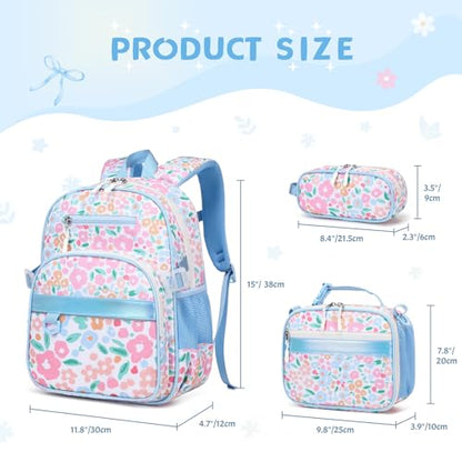 Toddler Backpack for Girls Ages 5-8, 3PCS Girls Backpack with Lunch Bag & Pencil Case - 15inch Kids School Bookbag for Preschool Kindergarten Elementary School (Flowers) - color: Flowers