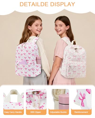 LOIDOU Backpack for Teen Girls Bookbags School Backpack with Lunch Box and Pencil Case 3 in 1 School Bags Set - color: Bow Tie Pink Beige