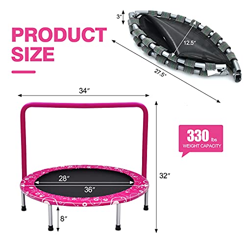 Giantex 36-Inch Mini Trampoline for Kids, ASTM Approved Foldable Rebounder Trampoline with Foamed Handle, Max Loaded 330 lbs, Indoor Safety Padded Fitness Trampoline - color: Pink