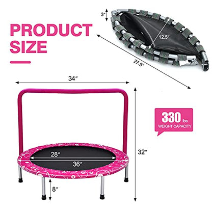 Giantex 36-Inch Mini Trampoline for Kids, ASTM Approved Foldable Rebounder Trampoline with Foamed Handle, Max Loaded 330 lbs, Indoor Safety Padded Fitness Trampoline - color: Pink