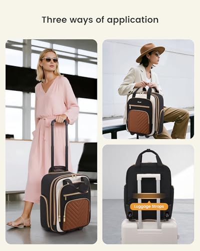 LOVEVOOK Underseat Carry On Luggage with Wheels, Stylish Under Seat Luggage with Giant Tumbler Holder Pocket, Soft Sided Small Suitcase for Travel, Work - color: Black-White-Chestnut