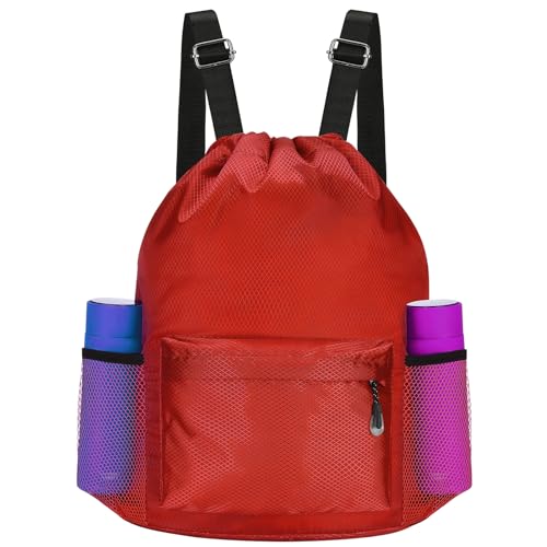 Waterproof Drawstring Bag, Lightweight String Backpack with Water Bottle Holder and Pockets, Gym Sports Cinch Sackpack (Red) - color: Red