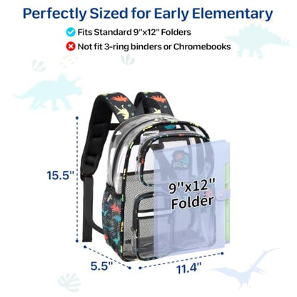 Bagseri Clear Backpack for Boys, 15 Inch Heavy Duty Kids Transparent Bookbag for School Kindergarten to 2nd Grade, Fits 12.5 Inch Folders, High Visibility Reflective Strips, Black Dinosaur - color: 1pcs, A-black Dinosaur, style: Backpack
