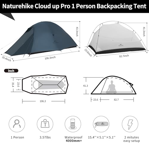 Naturehike Cloud Up 1 Person Tent, Lightweight Backpacking Tents for One Man, Waterproof Ultralight One Person Tent for Camping Hiking Backpacking - color: Navy Blue