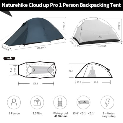 Naturehike Cloud Up 1 Person Tent, Lightweight Backpacking Tents for One Man, Waterproof Ultralight One Person Tent for Camping Hiking Backpacking - color: Navy Blue