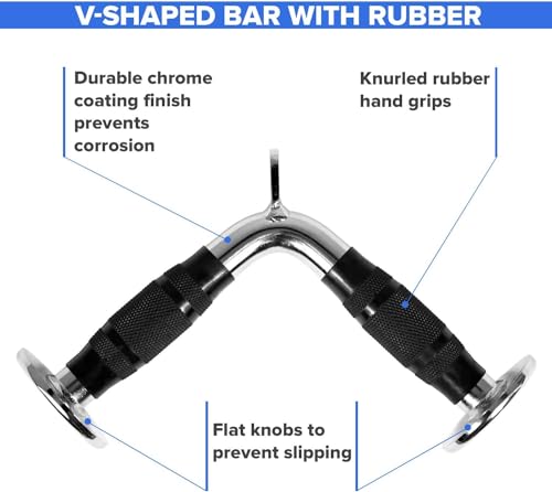 Yes4All Cable Machine Attachment, Row Handles, Tricep Rope, Straight Bar, V Bar, LAT Pulldown Accessories Load 880 LB for Home Gym - color: C. Double D Handle + Vshape Bar with Rubber