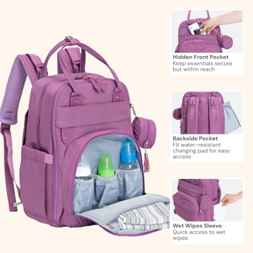 BabbleRoo Diaper Bag Backpack - Baby Essentials Travel Tote - Multi Function Water Resistant Diaper Bag, Travel Essentials Baby Bag with Changing Pad, Stroller Straps & Pacifier Case - Unisex, Purple - color: Purple, size: Large