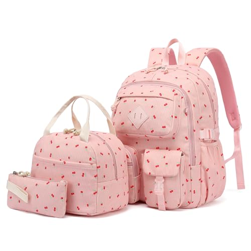 3Pcs Corduroy School Backpack for Girls, Kids Teens Large Capacity School Bag Bookbags Set Casual Daypack Fits 15.6 inch Laptop with Lunch Box and Pencil Case (Corduroy Cherry Pink) - color: Corduroy Cherry Pink